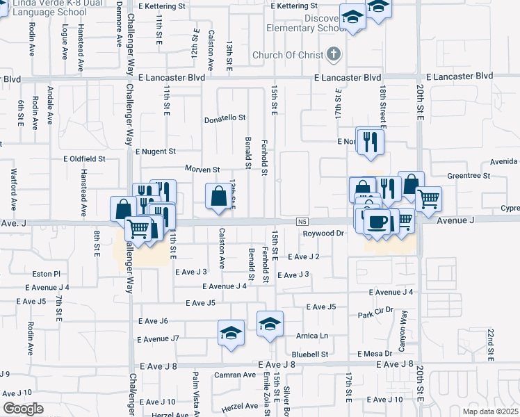 map of restaurants, bars, coffee shops, grocery stores, and more near 44419 Fenhold Street in Lancaster
