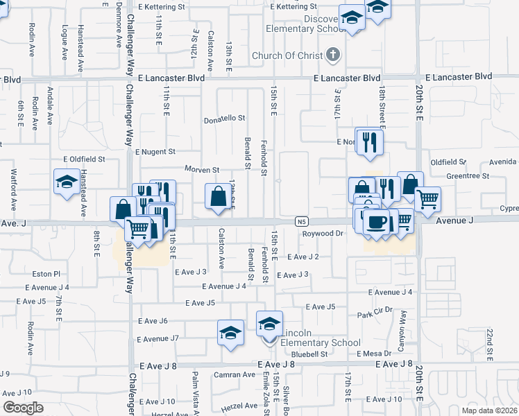 map of restaurants, bars, coffee shops, grocery stores, and more near 44419 Fenhold Street in Lancaster