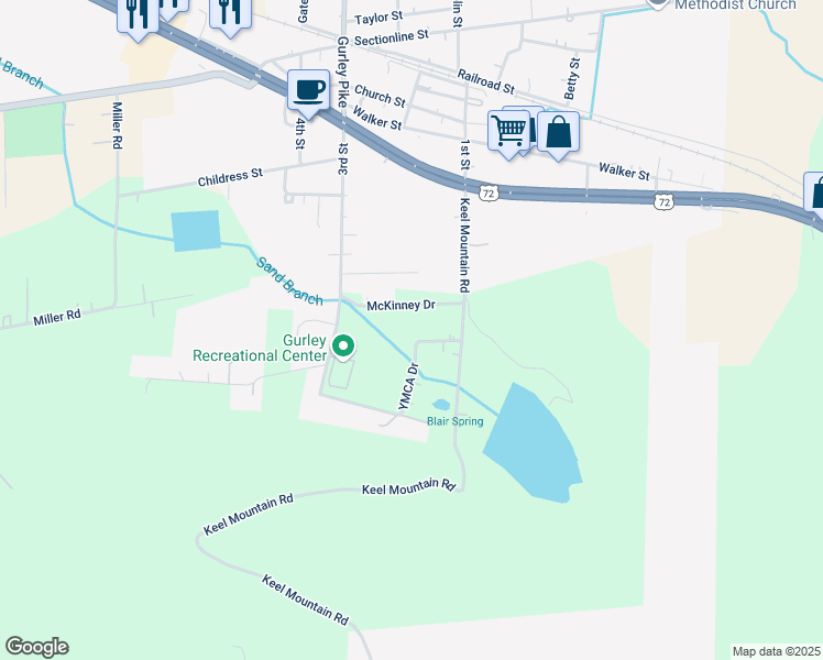 map of restaurants, bars, coffee shops, grocery stores, and more near 255 Ymca Drive in Gurley