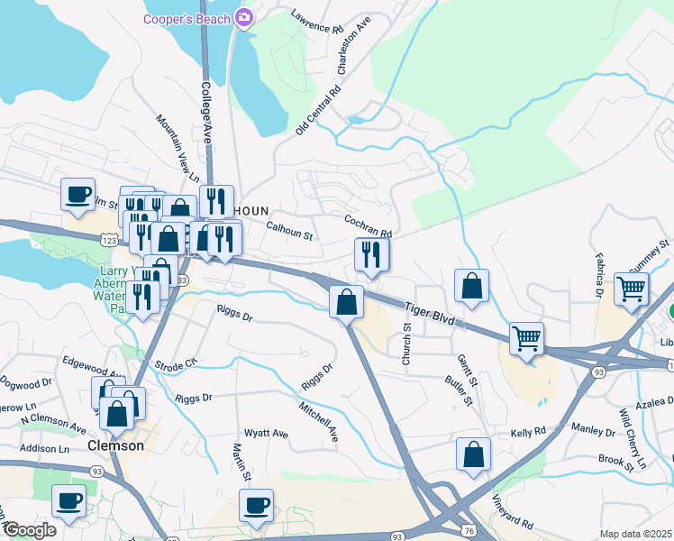 map of restaurants, bars, coffee shops, grocery stores, and more near 1301 Tiger Boulevard in Clemson