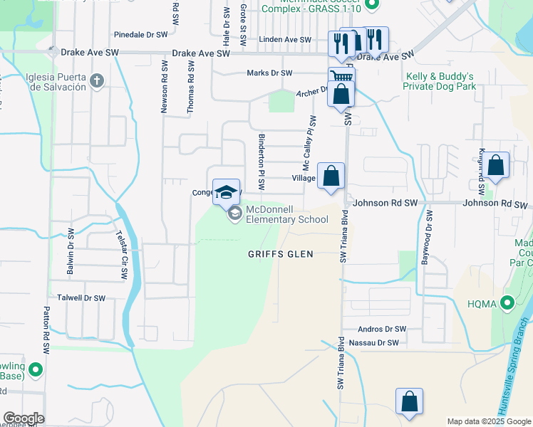 map of restaurants, bars, coffee shops, grocery stores, and more near 3315 Conger Road Southwest in Huntsville