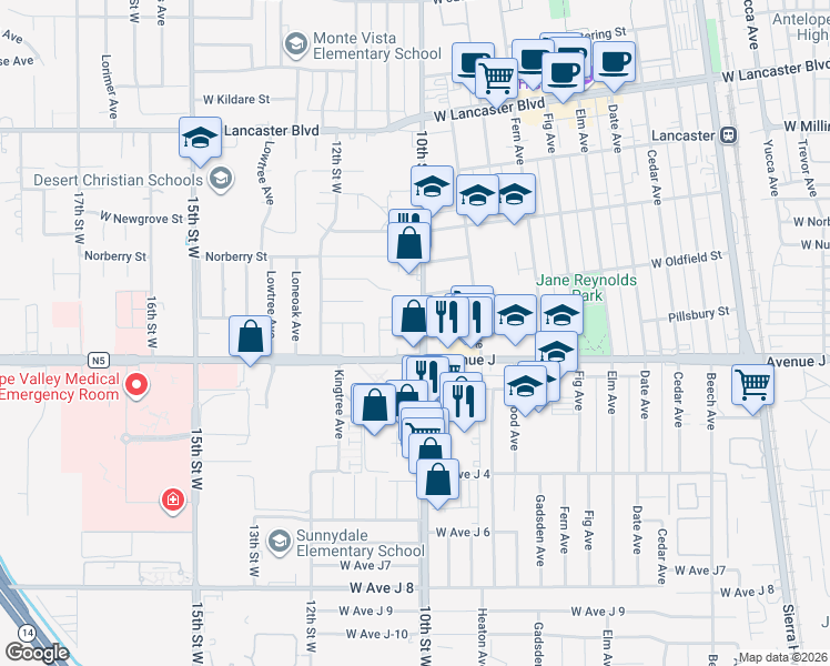 map of restaurants, bars, coffee shops, grocery stores, and more near 3 10th Street West in Lancaster