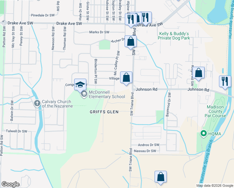 map of restaurants, bars, coffee shops, grocery stores, and more near 4007 Mc Calley Place Southwest in Huntsville