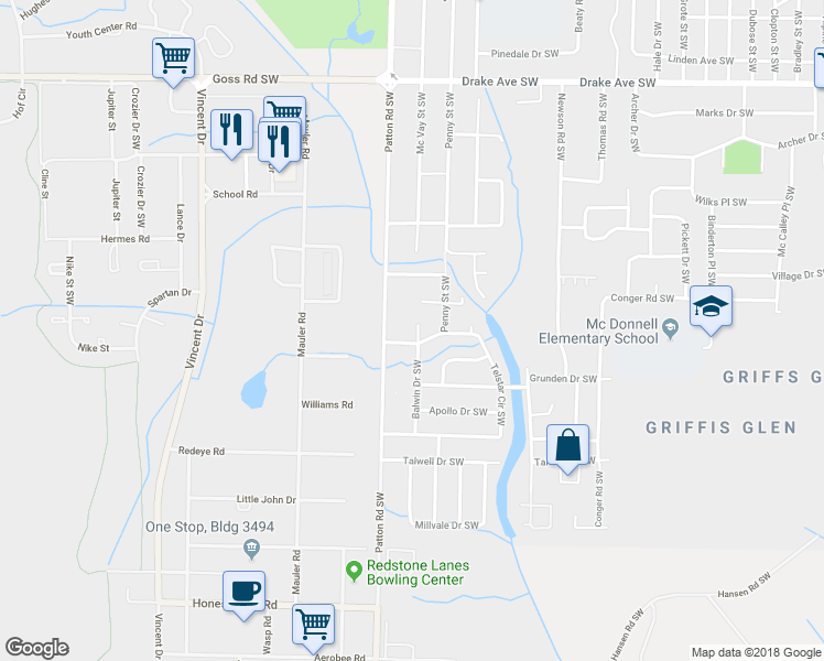 map of restaurants, bars, coffee shops, grocery stores, and more near 4204 Balwin Circle Southwest in Huntsville