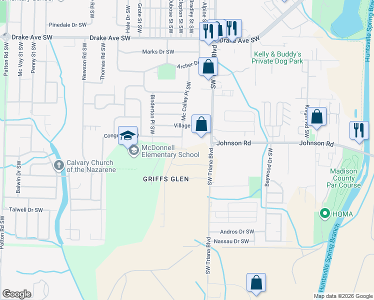 map of restaurants, bars, coffee shops, grocery stores, and more near 4007 Mc Calley Place Southwest in Huntsville