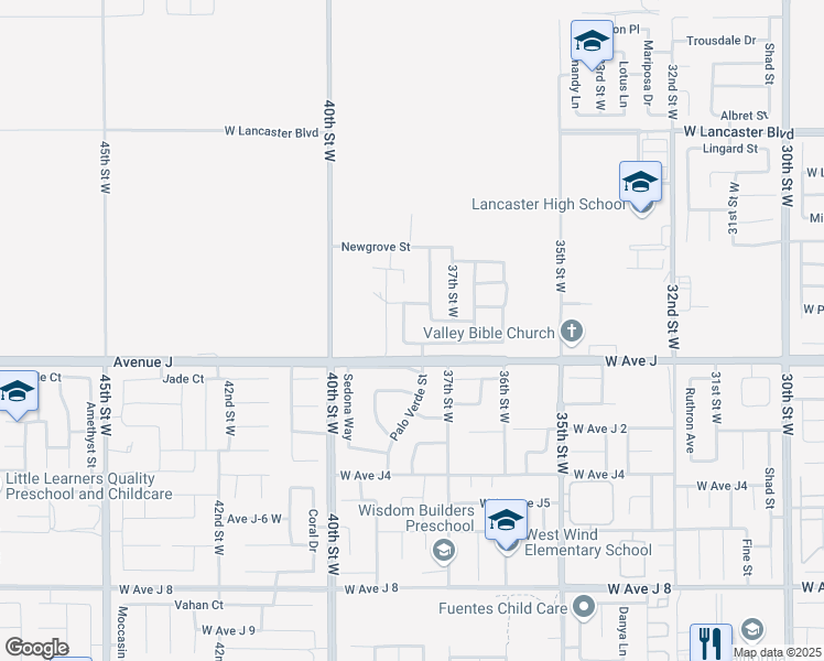map of restaurants, bars, coffee shops, grocery stores, and more near 44432 Chaparral Drive in Lancaster
