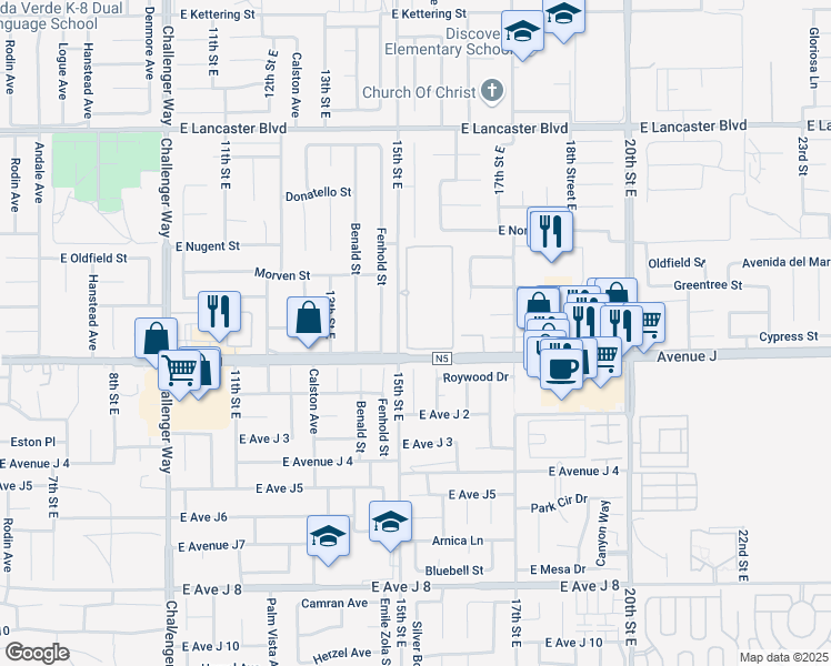 map of restaurants, bars, coffee shops, grocery stores, and more near 44406 15th Street East in Lancaster