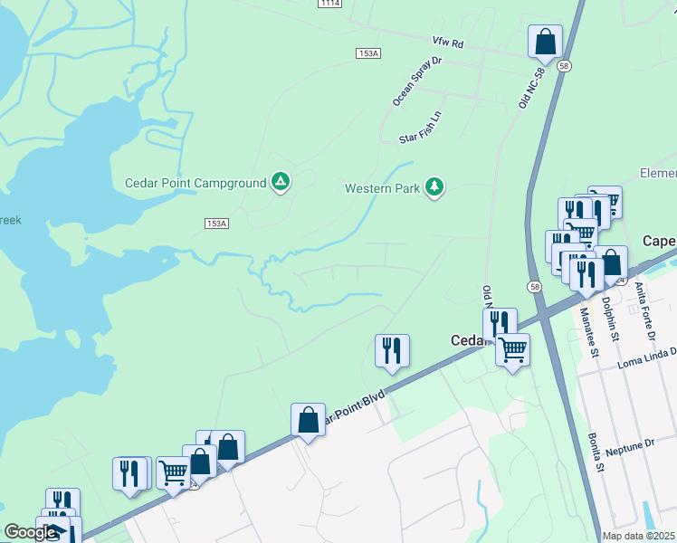 map of restaurants, bars, coffee shops, grocery stores, and more near 301 Treasure Cay in Cape Carteret