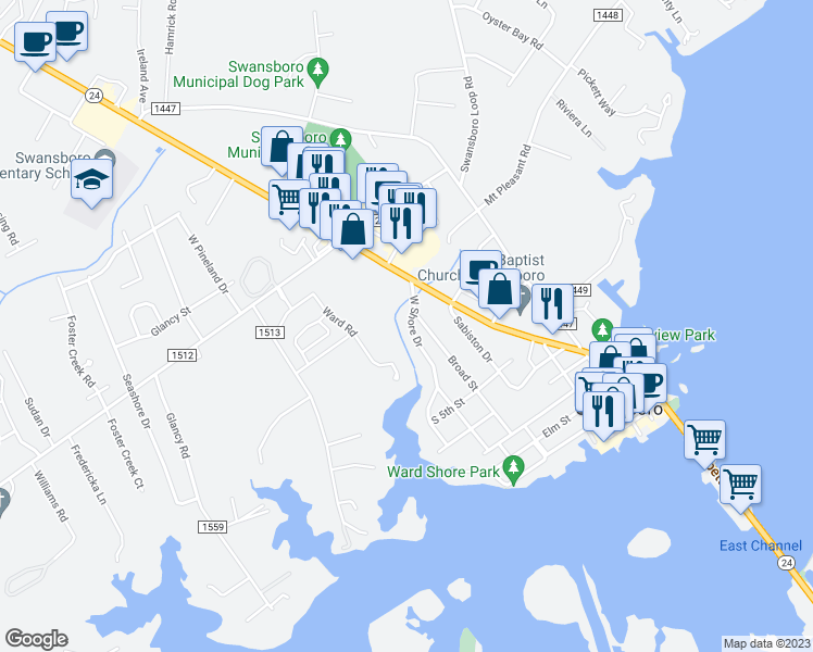 map of restaurants, bars, coffee shops, grocery stores, and more near 647 West Shore Drive in Swansboro