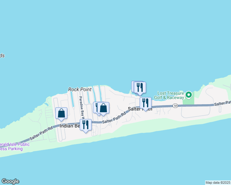 map of restaurants, bars, coffee shops, grocery stores, and more near Shore Drive in Salter Path