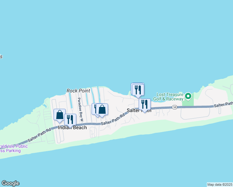 map of restaurants, bars, coffee shops, grocery stores, and more near 198 Shore Drive in Salter Path