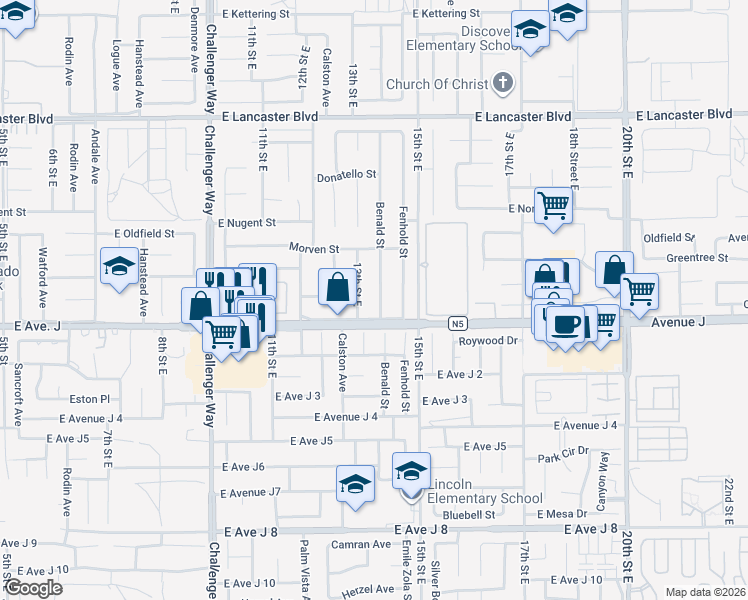 map of restaurants, bars, coffee shops, grocery stores, and more near 44419 Benald Street in Lancaster