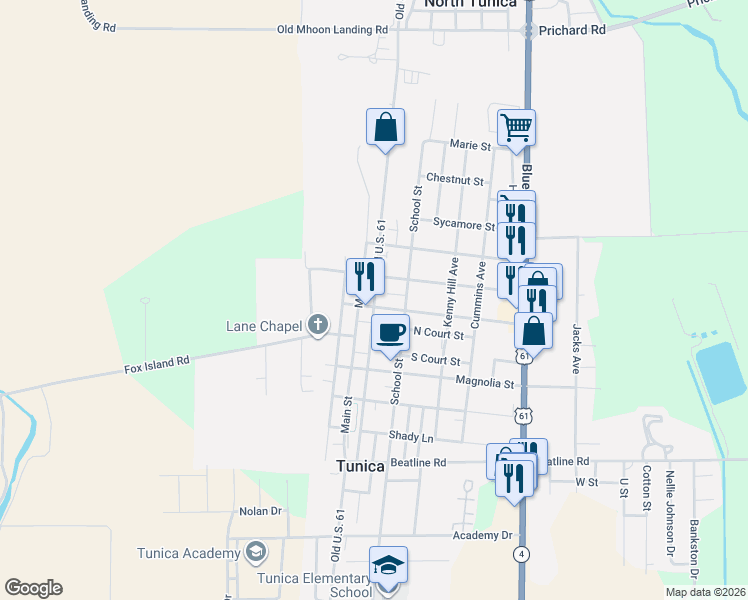 map of restaurants, bars, coffee shops, grocery stores, and more near 909 River Road in Tunica