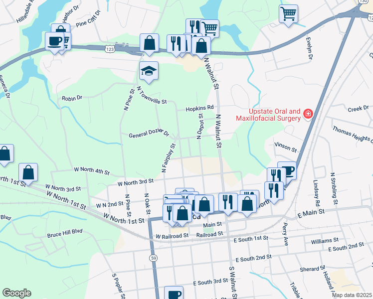 map of restaurants, bars, coffee shops, grocery stores, and more near 506 North Townville Street in Seneca