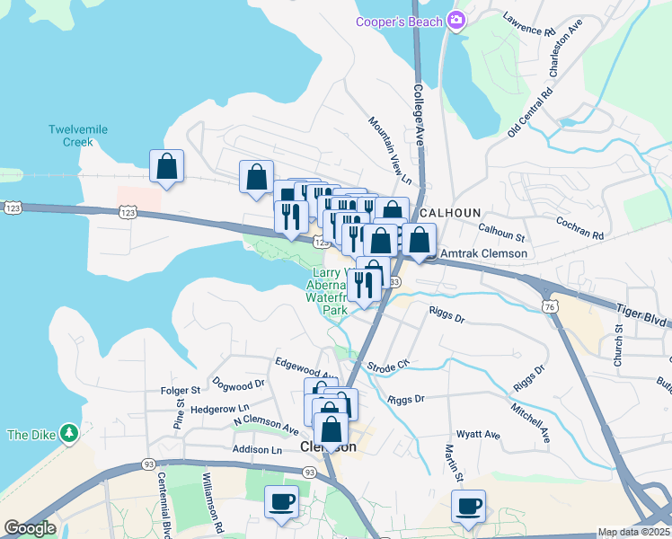 map of restaurants, bars, coffee shops, grocery stores, and more near 228 Keowee Trail in Clemson
