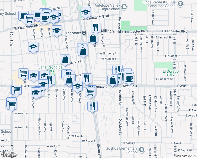 map of restaurants, bars, coffee shops, grocery stores, and more near 405 West Pondera Street in Lancaster