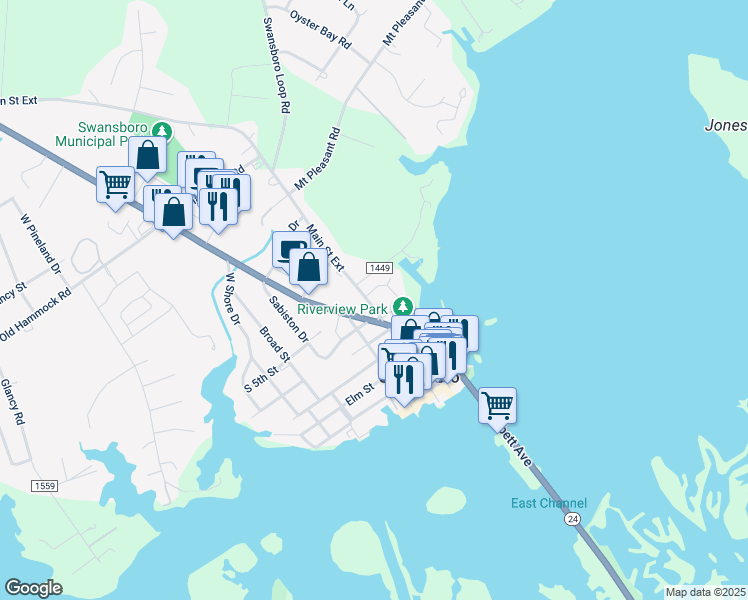 map of restaurants, bars, coffee shops, grocery stores, and more near 200 Harbour View in Swansboro