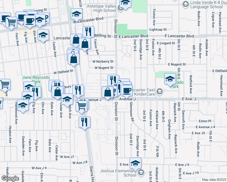 map of restaurants, bars, coffee shops, grocery stores, and more near 44431 Division Street in Lancaster