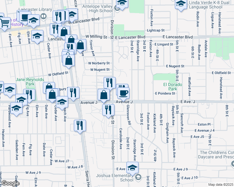 map of restaurants, bars, coffee shops, grocery stores, and more near 44416 Division Street in Lancaster