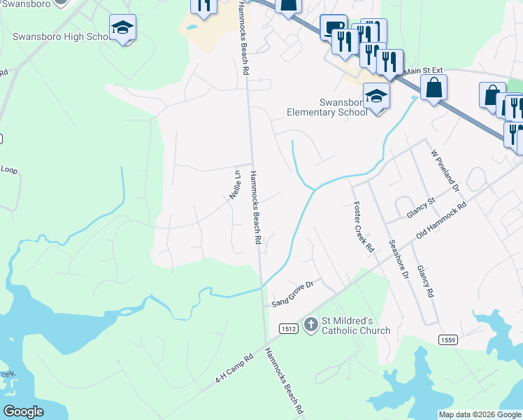 map of restaurants, bars, coffee shops, grocery stores, and more near 2100 Holly Hills Court in Swansboro
