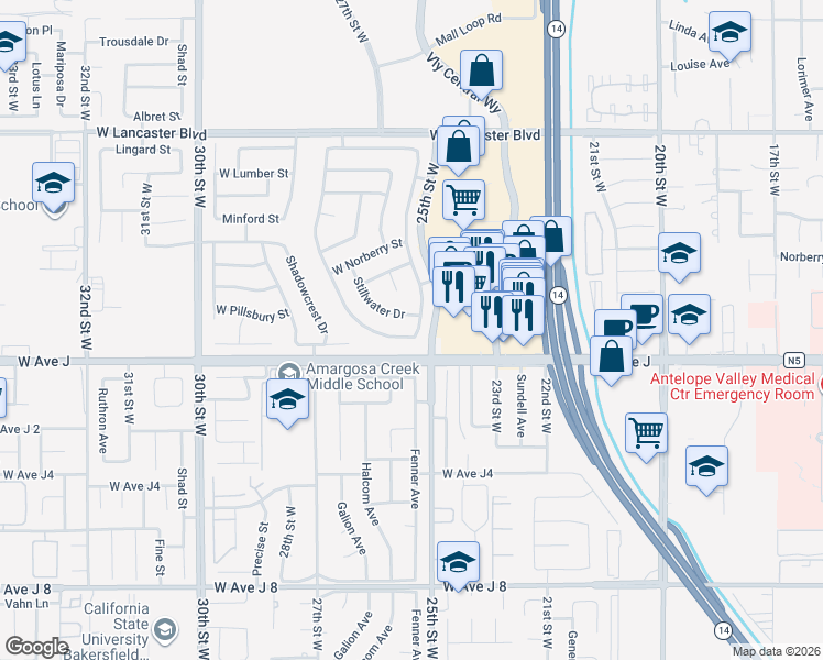 map of restaurants, bars, coffee shops, grocery stores, and more near 2521 Overland Avenue in Lancaster