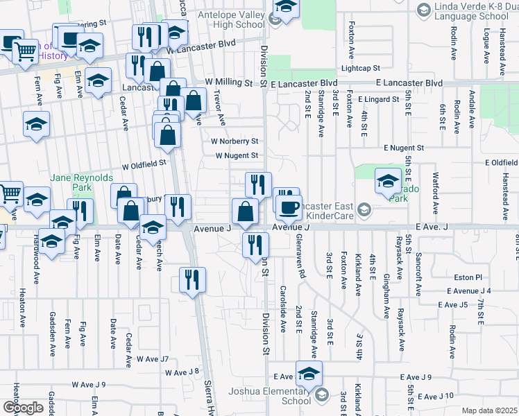 map of restaurants, bars, coffee shops, grocery stores, and more near 44431 Division Street in Lancaster