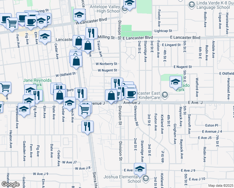 map of restaurants, bars, coffee shops, grocery stores, and more near 44431 Division Street in Lancaster