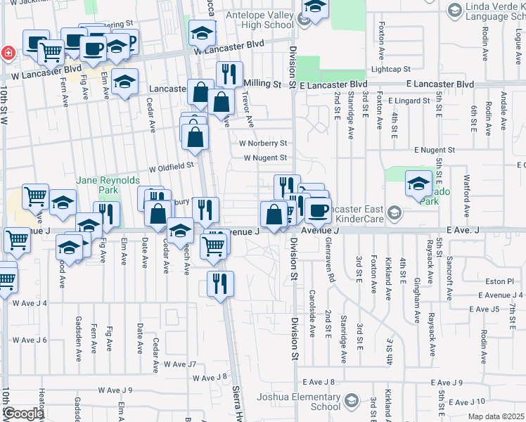 map of restaurants, bars, coffee shops, grocery stores, and more near 227 West Pondera Street in Lancaster