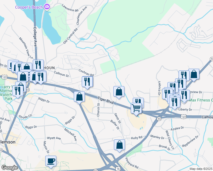 map of restaurants, bars, coffee shops, grocery stores, and more near 110 Fruster Street in Clemson