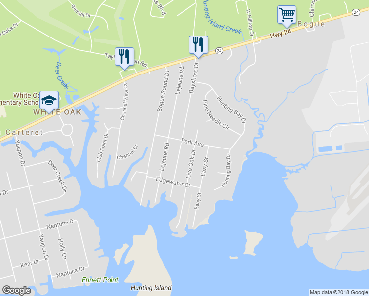 map of restaurants, bars, coffee shops, grocery stores, and more near 201 Bayshore Drive in Cape Carteret