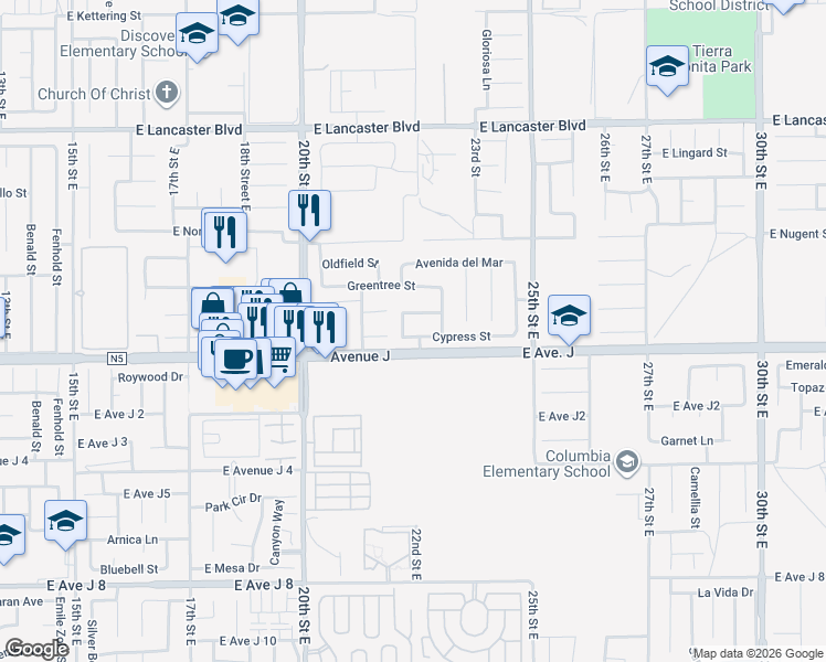 map of restaurants, bars, coffee shops, grocery stores, and more near 2155 Cypress Street in Lancaster