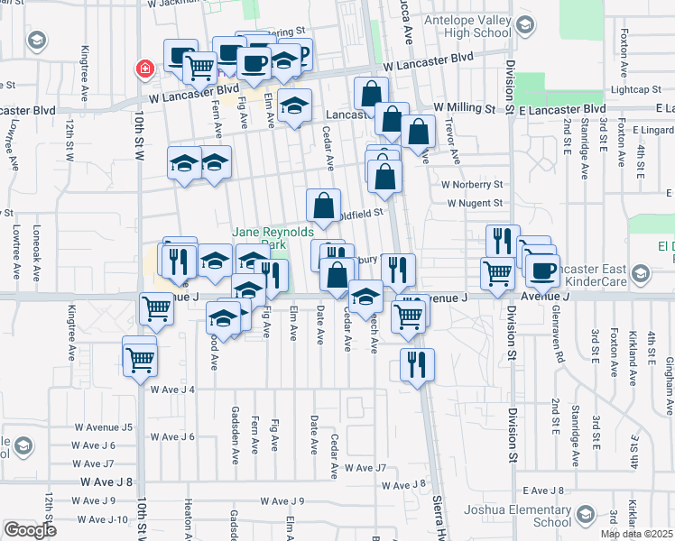 map of restaurants, bars, coffee shops, grocery stores, and more near 44433 Cedar Avenue in Lancaster