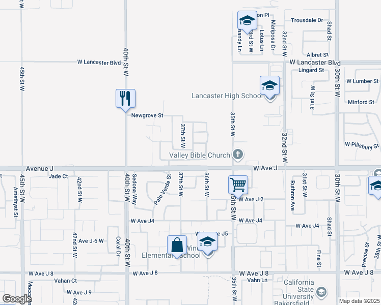 map of restaurants, bars, coffee shops, grocery stores, and more near 3642 Neola Way in Lancaster
