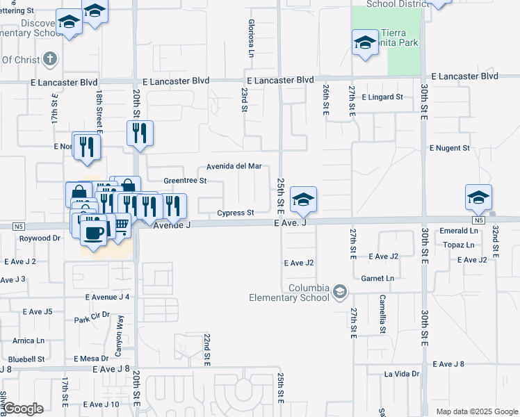 map of restaurants, bars, coffee shops, grocery stores, and more near 2323 Cypress Street in Lancaster