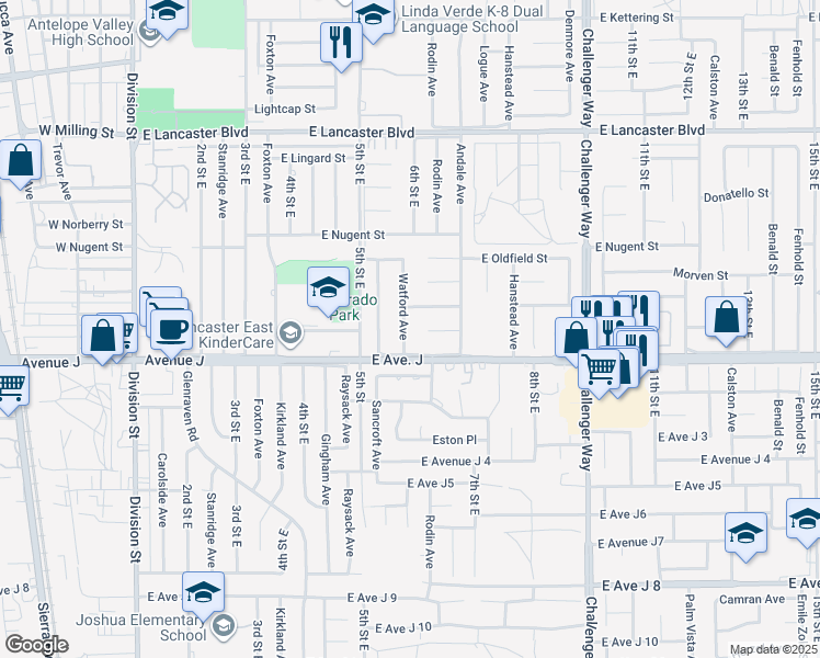 map of restaurants, bars, coffee shops, grocery stores, and more near 44426 Watford Avenue in Lancaster