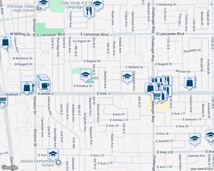 map of restaurants, bars, coffee shops, grocery stores, and more near 44426 Watford Avenue in Lancaster