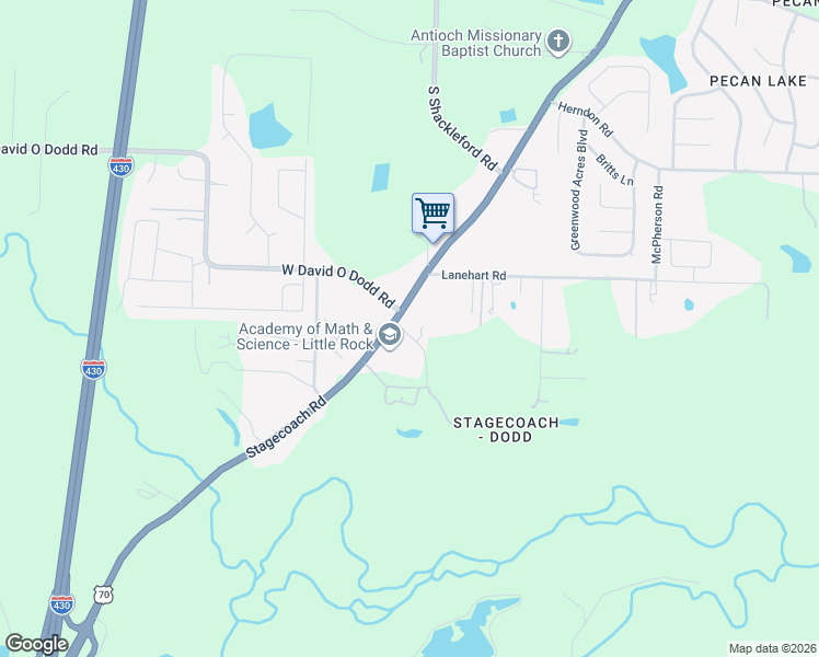 map of restaurants, bars, coffee shops, grocery stores, and more near 10306 East David O Dodd Road in Little Rock