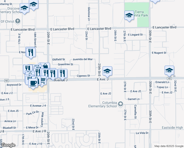 map of restaurants, bars, coffee shops, grocery stores, and more near 2323 Cypress Street in Lancaster