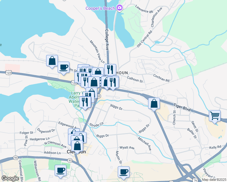 map of restaurants, bars, coffee shops, grocery stores, and more near 95293 Calhoun Memorial Highway in Clemson