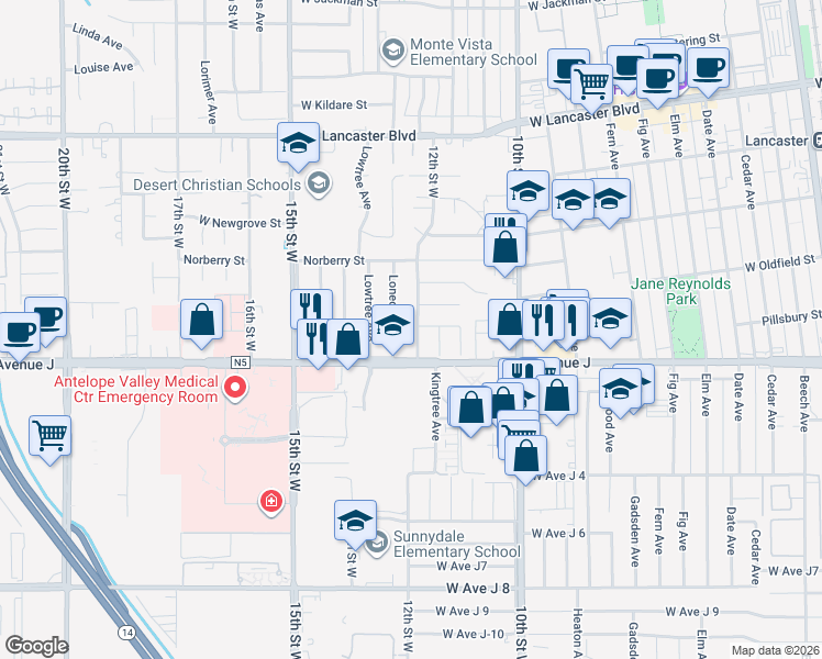 map of restaurants, bars, coffee shops, grocery stores, and more near 44435 12th Street West in Lancaster