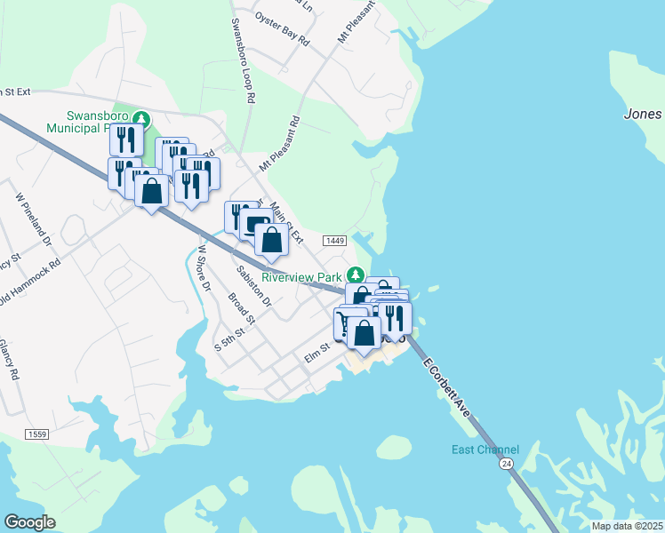 map of restaurants, bars, coffee shops, grocery stores, and more near 202 Harbour View in Swansboro