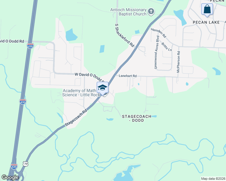 map of restaurants, bars, coffee shops, grocery stores, and more near 10306 East David O Dodd Road in Little Rock