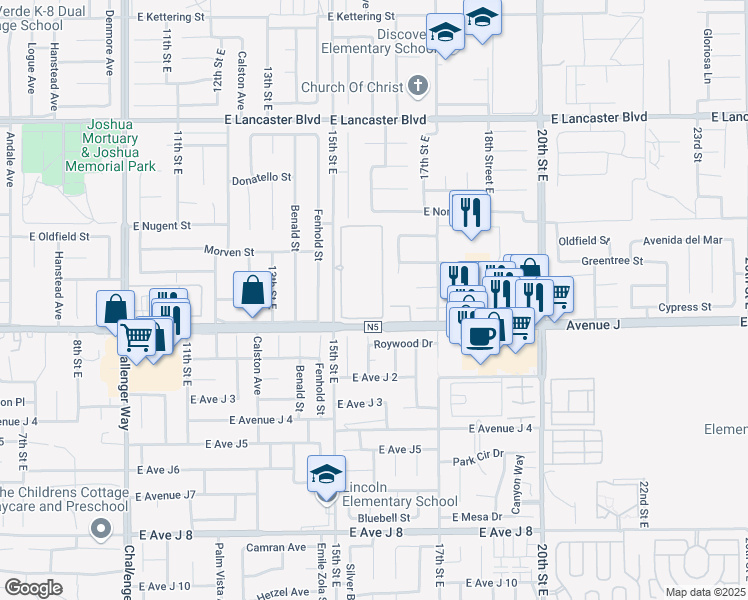 map of restaurants, bars, coffee shops, grocery stores, and more near 44436 15th Street East in Lancaster