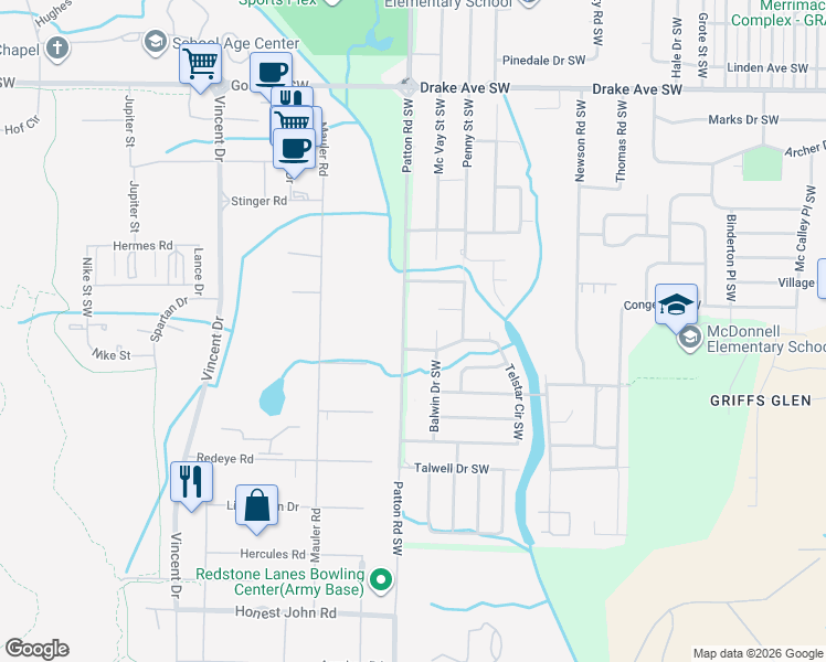 map of restaurants, bars, coffee shops, grocery stores, and more near 4213 Patton Road Southwest in Huntsville