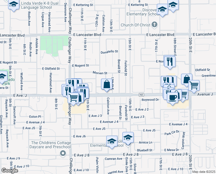 map of restaurants, bars, coffee shops, grocery stores, and more near 44430 Calston Ave in Lancaster