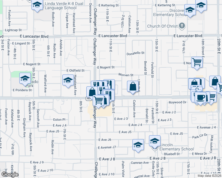 map of restaurants, bars, coffee shops, grocery stores, and more near 1127 East Avenue J in Lancaster