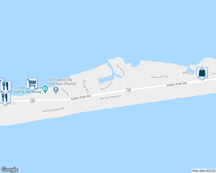 map of restaurants, bars, coffee shops, grocery stores, and more near 120 Sea Isle North Drive in Indian Beach