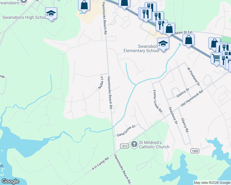 map of restaurants, bars, coffee shops, grocery stores, and more near 2100 Holly Hills Court in Swansboro