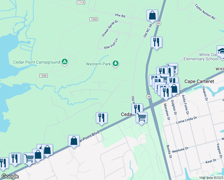 map of restaurants, bars, coffee shops, grocery stores, and more near 100 Marsh Island Drive in Cedar Point