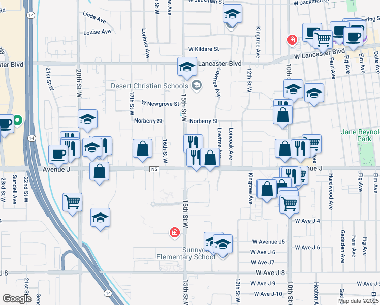map of restaurants, bars, coffee shops, grocery stores, and more near 1344 Pillsbury Street in Lancaster
